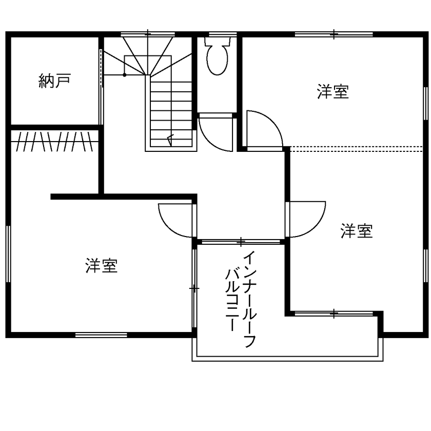 エースホーム山梨（芙蓉建設） 【リビング階段／インナールーフバルコニー／土間収納】真っ白な外壁が青空に映える洋風デザインの家の間取り図（2LDK）2階