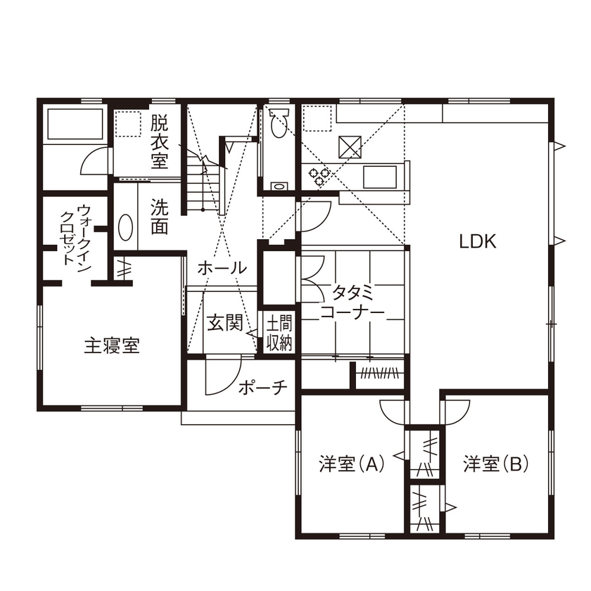 ケー・エイチ・ケー 【平屋×ナチュラルモダン｜間取り図あり】木の温もりあふれる開放的な住空間。子育ても快適な平屋の住まいの間取り図（3LDK）1階