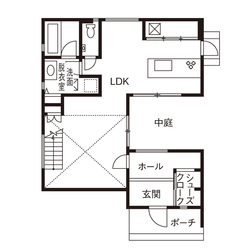 ケー・エイチ・ケー 【シンプルモダン×中庭×リゾートライク｜間取り図あり】開放感あふれるプライベートテラスのある家の間取り図（2LDK）1階