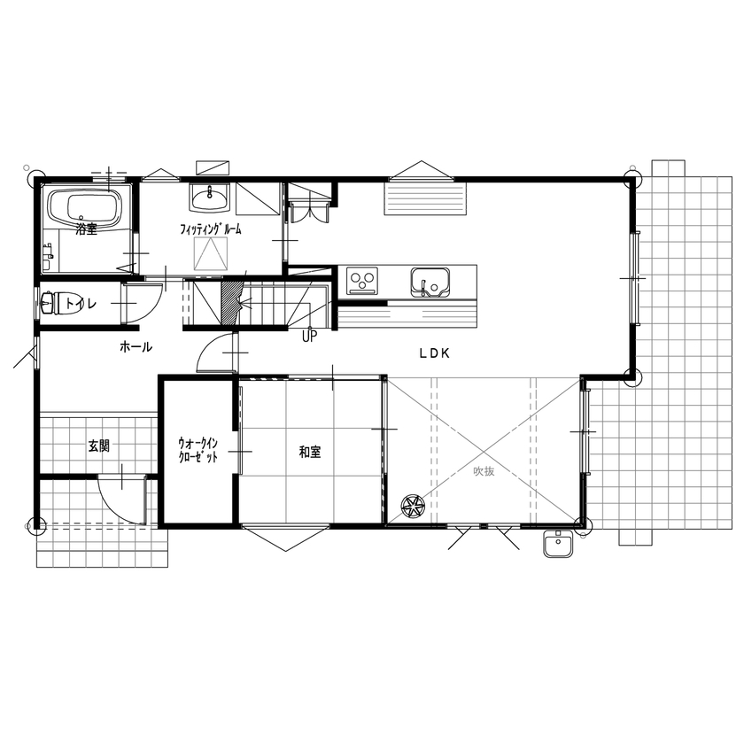 大之木ダイモ 【2000万円台/間取り図有/3人家族/狭小】変形地でも収納充実で広々明るい快適な暮らしの間取り図（３LDK+WIC）1階
