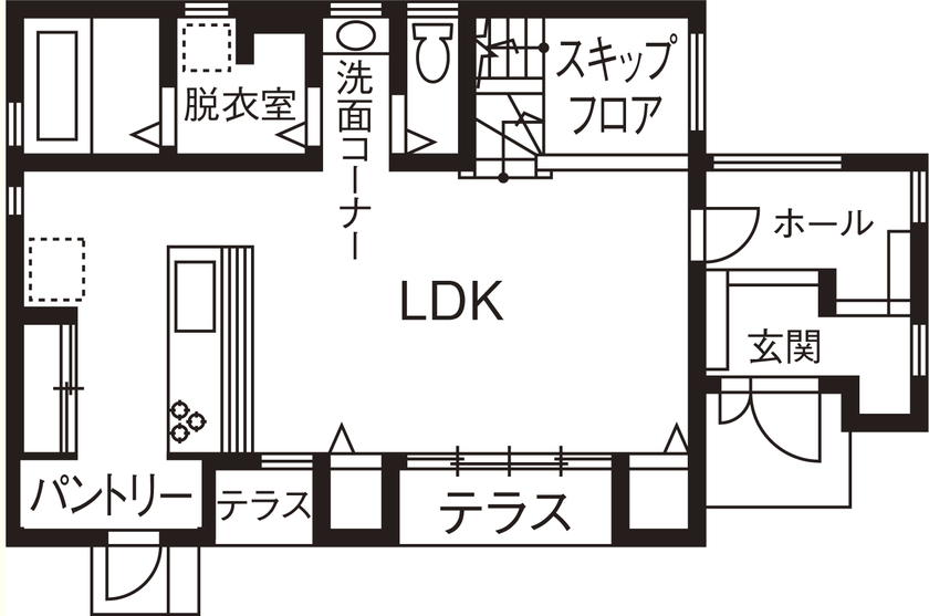 タマホーム 【109.72平米/間取り図あり】吹き抜けのスキップフロアで個性を演出　洗練された内外観の住み良い家の間取り図（2LDK）1階