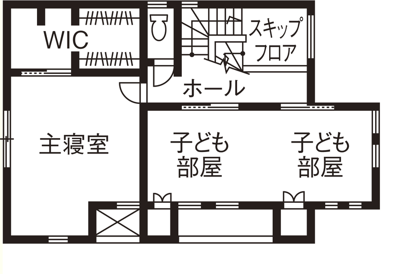 タマホーム 【109.72平米/間取り図あり】吹き抜けのスキップフロアで個性を演出　洗練された内外観の住み良い家の間取り図（2LDK）2階