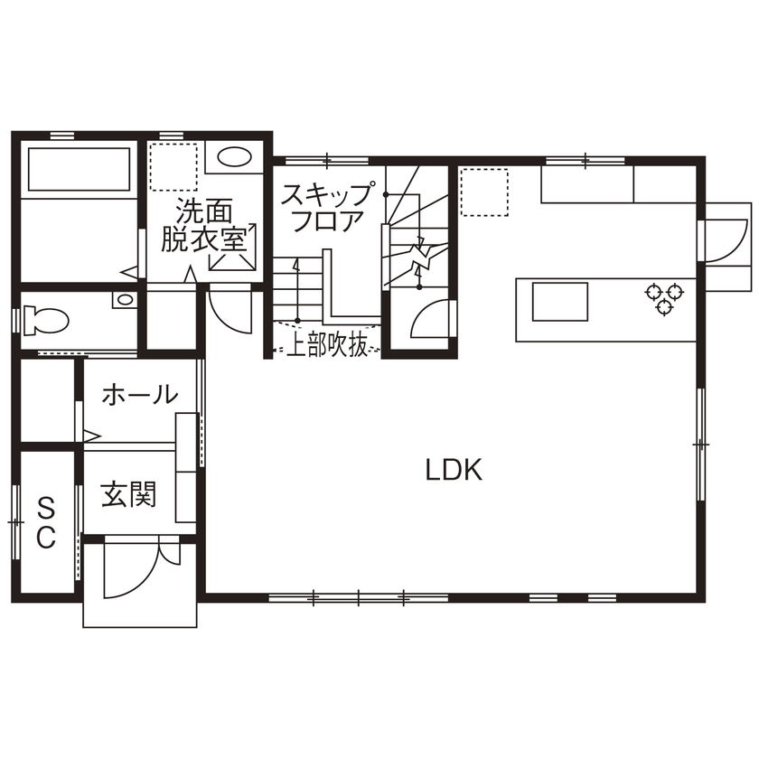 タマホーム 【1500万円台/117.60平米/間取り図あり】子どもと時間を共有できる、スキップフロアのある光あふれる家の間取り図（3LDK）1階