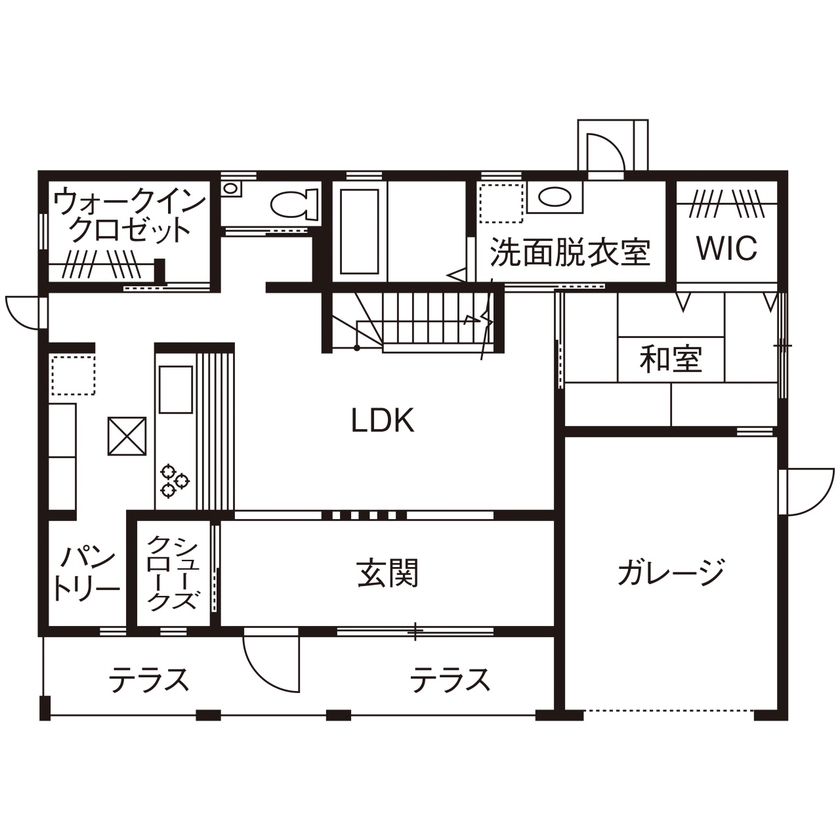 タマホーム 【2000万円台/140.77平米/間取り図有り】家事ラク＆趣味を心から楽しめるカリフォルニアスタイルの住まいの間取り図（3LDK）1階