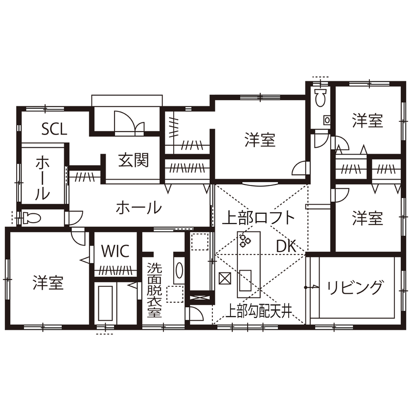 タマホーム 【2000万円台/149平米/間取り図有】ダウンフロアリビングが印象的な、楽しく将来も楽に過ごせる平屋の家の間取り図（4LDK）1階