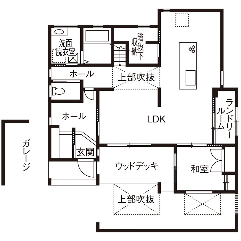 タマホーム 【4000万円台/169.34平米/間取り図有】屋上庭園＆ボルダリングウォールが特徴の遊び心満載の楽しい住まいの間取り図（6LDK）1階