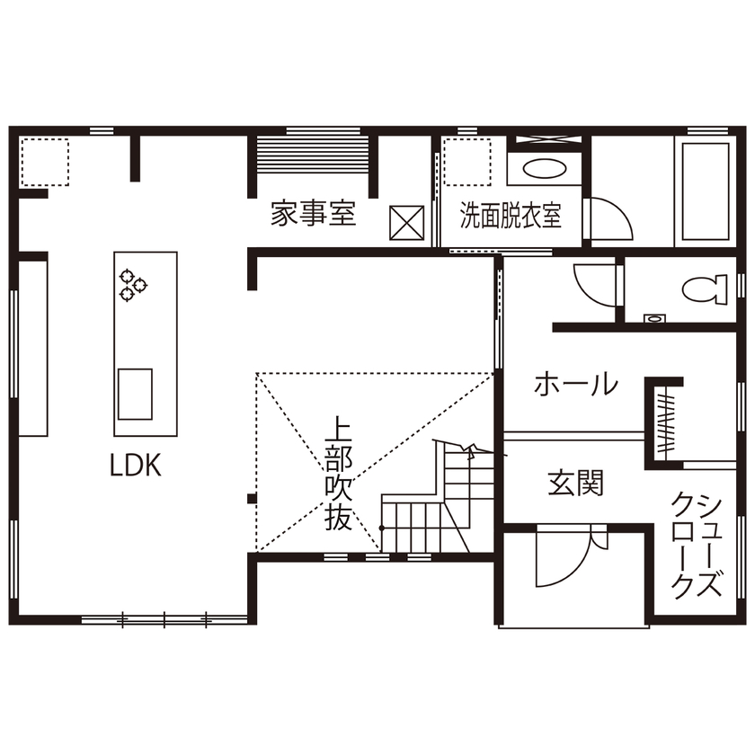 タマホーム 【2000万円台/134.34平米/間取り図有】キッチンや階段も素材にこだわった上質感が際立つスタイリッシュな家の間取り図（3LDK）1階