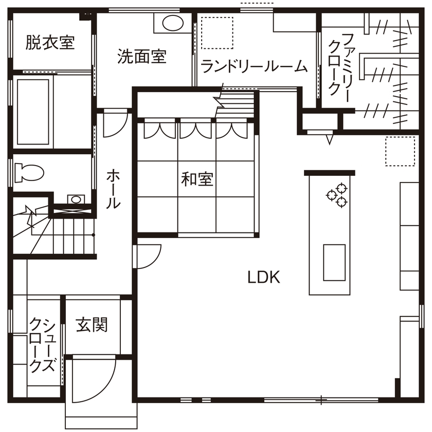 タマホーム 【2000万円台/127.23平米/間取り図有】設計の自由度とプランの良さを評価。家事ラクな動線も特徴の快適な家の間取り図（3LDK）1階