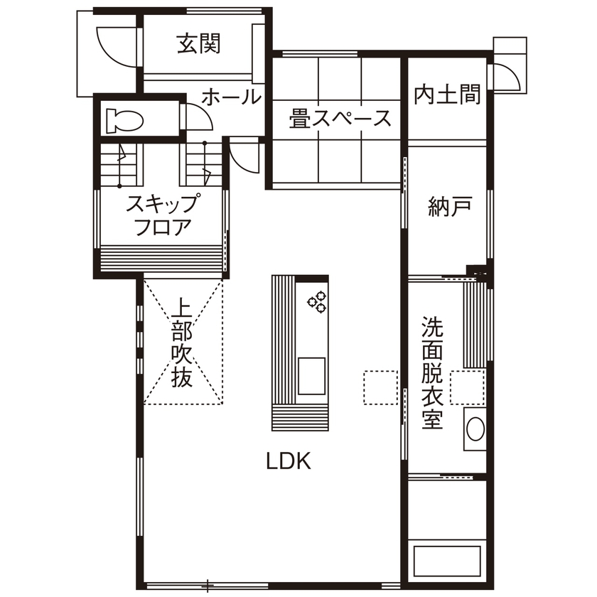 タマホーム 【2000万円台/141.6平米/間取り図有】家族が居心地の良いLDKに集まる、スキップフロアが特徴の上質な住まいの間取り図（3LDK）1階
