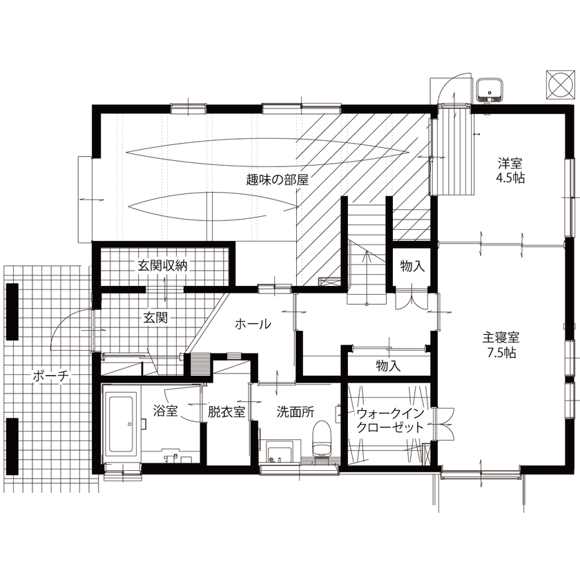 新産住拓 【2階建て／46.1坪／間取り図あり／2階リビング／ガレージ】5層構造で叶えたジャングルジムのような住まいの間取り図（4LDK＋ガレージ）1階