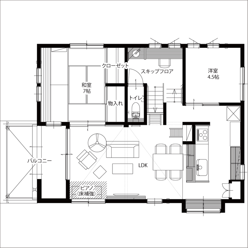 新産住拓 【2階建て／46.1坪／間取り図あり／2階リビング／ガレージ】5層構造で叶えたジャングルジムのような住まいの間取り図（4LDK＋ガレージ）2階