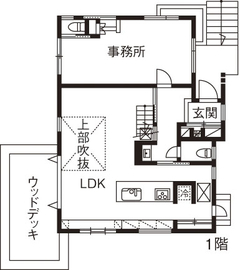 古河林業 【ウッドデッキ/高台/吹抜け】眺望をもインテリアとしてデザイン　いつも家族を近くに感じられる家の間取り図（2LDK）1階