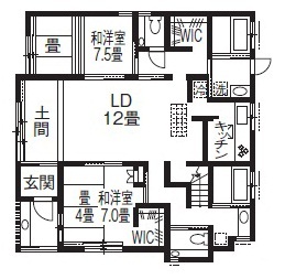 一級建築士事務所　夢・建築工房 【2500～3000万円/48坪/間取有/平屋】夏は自然の風を感じ、冬は薪ストーブで。小さなエネルギーで暮らす家の間取り図（4LDK）1階