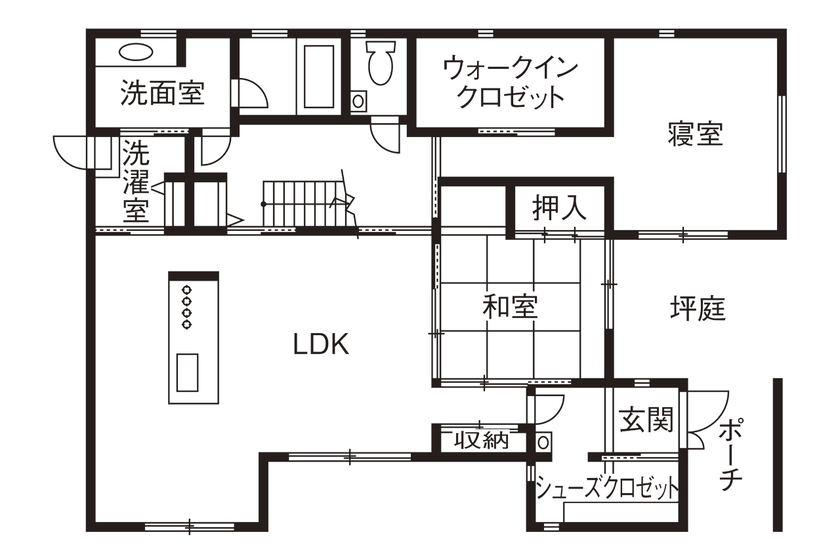 丸良木材・パナソニックビルダーズグループ 【和歌山県/3000万円台/車2台/間取り有】耐震等級3。安心の平屋風2階建て。のびのび遊べるつながりの家の間取り図（4LDK＋WIC＋坪庭）1階