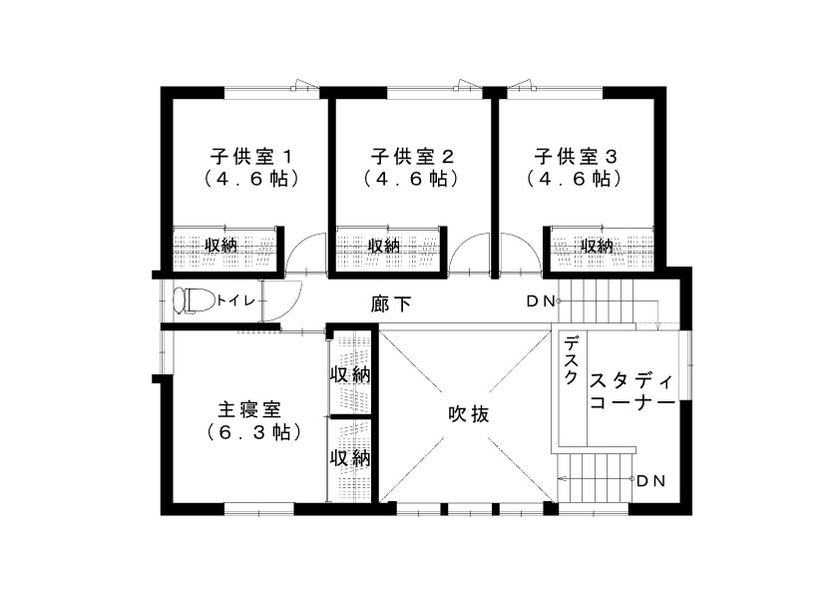 タケイ シアタールームにスタディコーナー、ロフトなど　遊び心溢れる吹き抜けのあるお家の間取り図（5K以上）2階