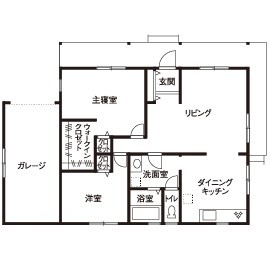 ブリリアントホーム オールディーズのアメリカ住宅をイメージしたガレージ付き平屋の家の間取り図（2LDK+ビルトインガレージ）1階