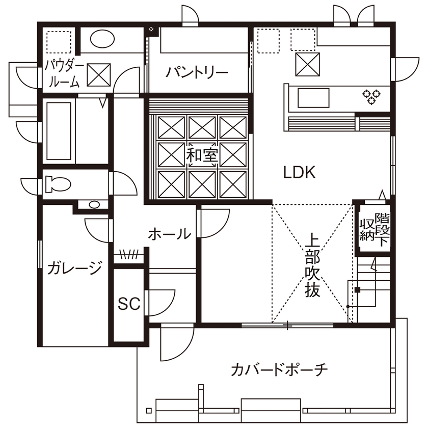 ブリリアントホーム 【2500～2999万円/ビルトインガレージ/間取り図】サーフィン好きの夫婦が建てたお洒落なアメリカンハウスの間取り図（4LDK）1階