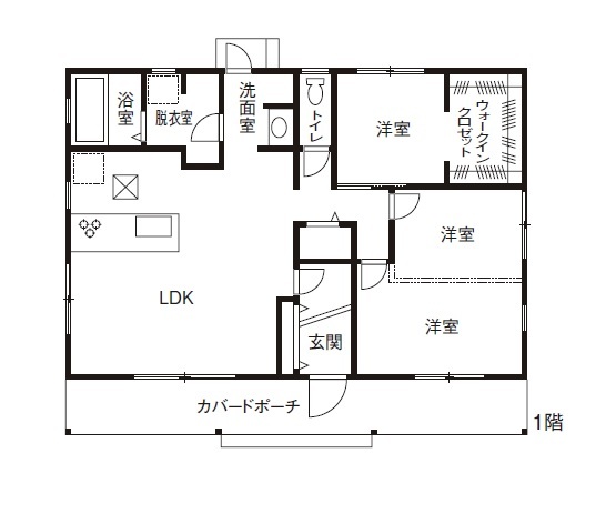 ブリリアントホーム 【1000万円台/20坪台/間取り図】広々リビングに家族が集まる 愛犬と快適に過ごす平屋の輸入住宅の間取り図（3LDK）1階
