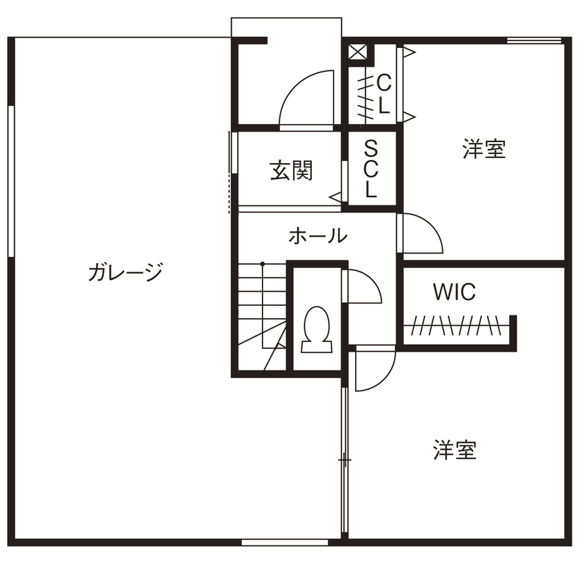 トスコEASEL 【シンプルモダン/ビルトインガレージ/間取り図】内に開いた窓で、視線を気にせず寛げるガレージハウスの間取り図（4LDK+ガレージ）1階