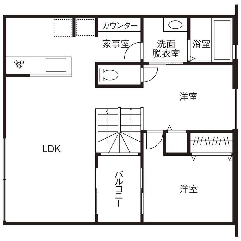トスコEASEL 【シンプルモダン/ビルトインガレージ/間取り図】内に開いた窓で、視線を気にせず寛げるガレージハウスの間取り図（4LDK+ガレージ）2階