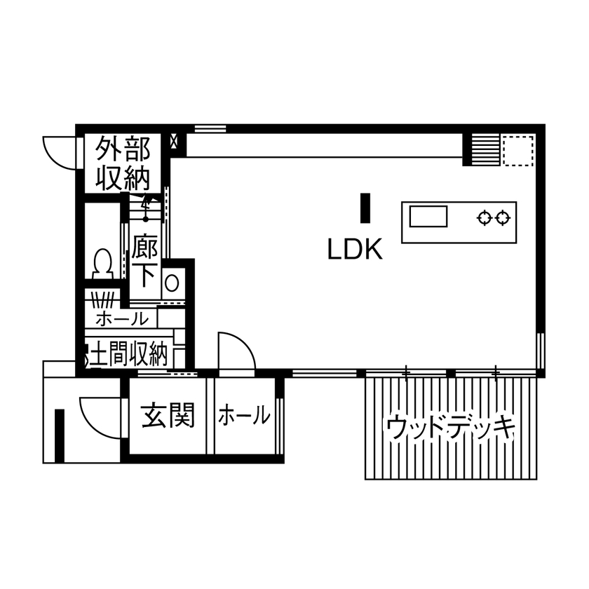 積水ハウス 【大空間/開放感/高気密・高断熱】大開口でウッドデッキとつながる、豊かな自然を満喫できる住まいの間取り図（3LDK）1階