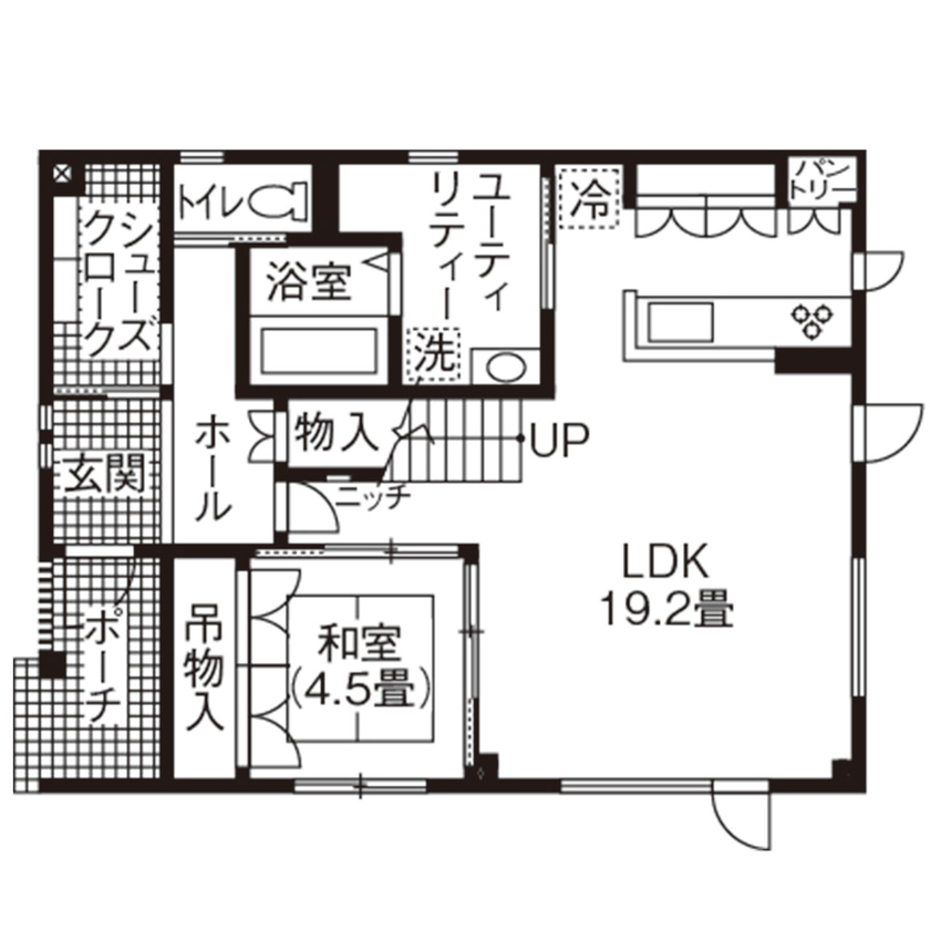 北海荘建 【4LDK/シンプルモダン/全室床暖房/間取り図有】予算内で小上がり和室、吹抜階段などこだわりを実現！の間取り図（4LDK）1階