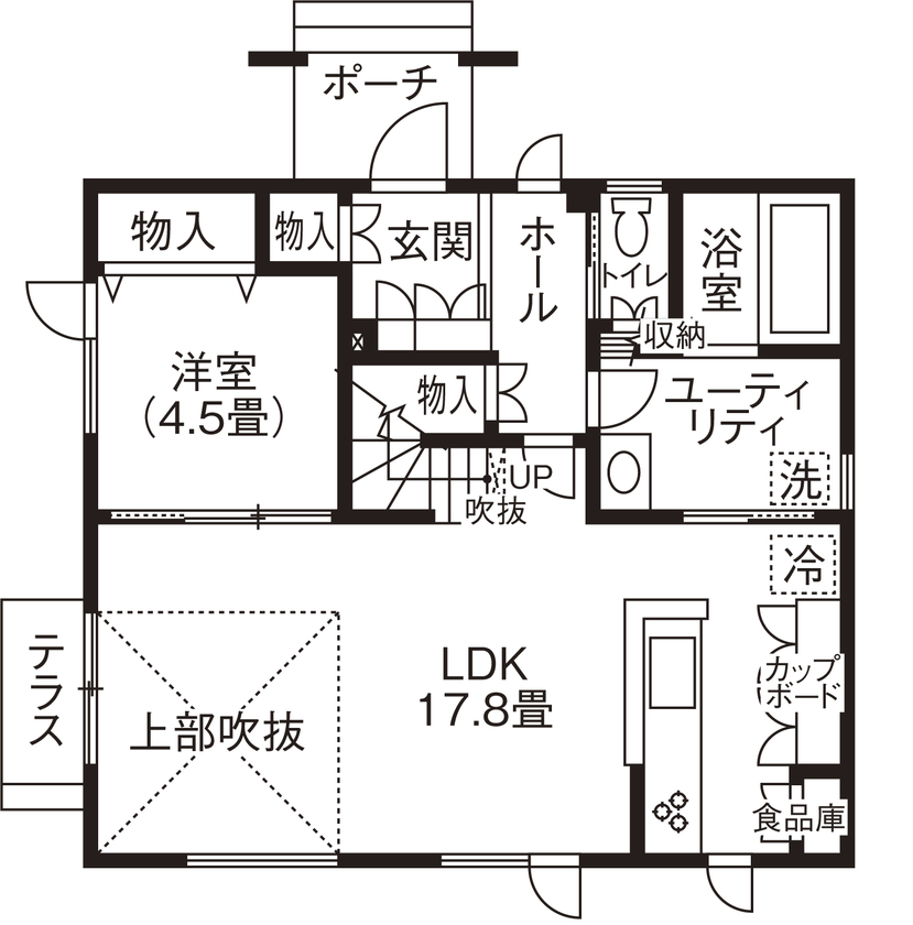 北海荘建 【4LDK/吹抜/全室床暖房/間取り図有】親子２代が選んだ会社♪カフェ風キッチンで会話も弾む♪の間取り図（4LDK）１階