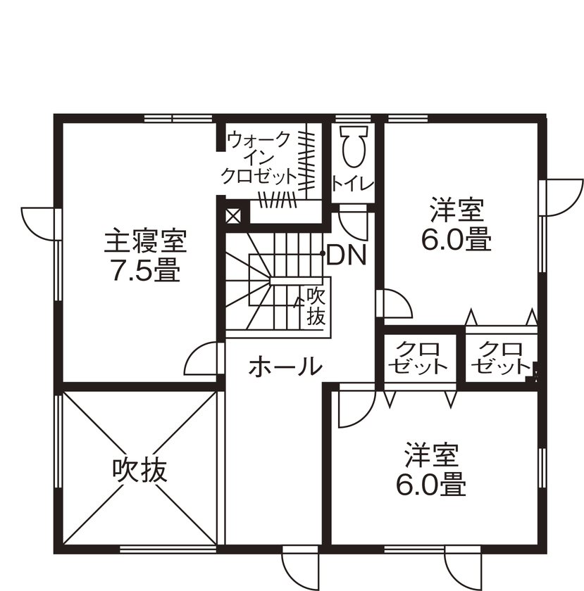 北海荘建 【4LDK/吹抜/全室床暖房/間取り図有】親子２代が選んだ会社♪カフェ風キッチンで会話も弾む♪の間取り図（4LDK）２階