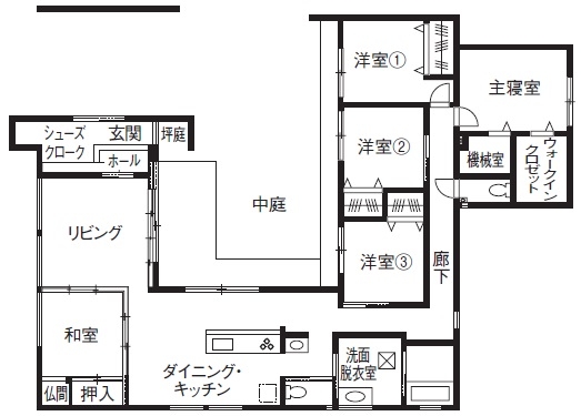 クラシスホーム 【間取図有】住宅地でも季節とゆっくりした時間を感じて。2世帯6人家族を快適にしたシンプルデザインの平屋の間取り図（5LDK）1階