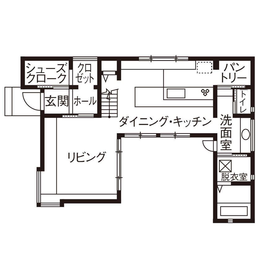 クラシスホーム 【1000万円台/2LDK/中庭/インダストリアル/間取図】ダークトーンで統一した、造作家具が映えるコの字型の家の間取り図（2LDK）1階