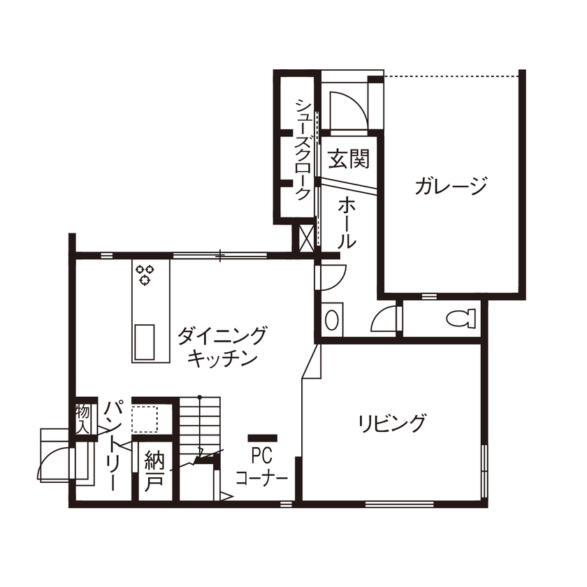 クラシスホーム 【2000万円台/45坪/ガレージ/モノトーン/間取り図】シンプルな大人空間。遊び心と機能性を両立した住まいの間取り図（3LDK）1階