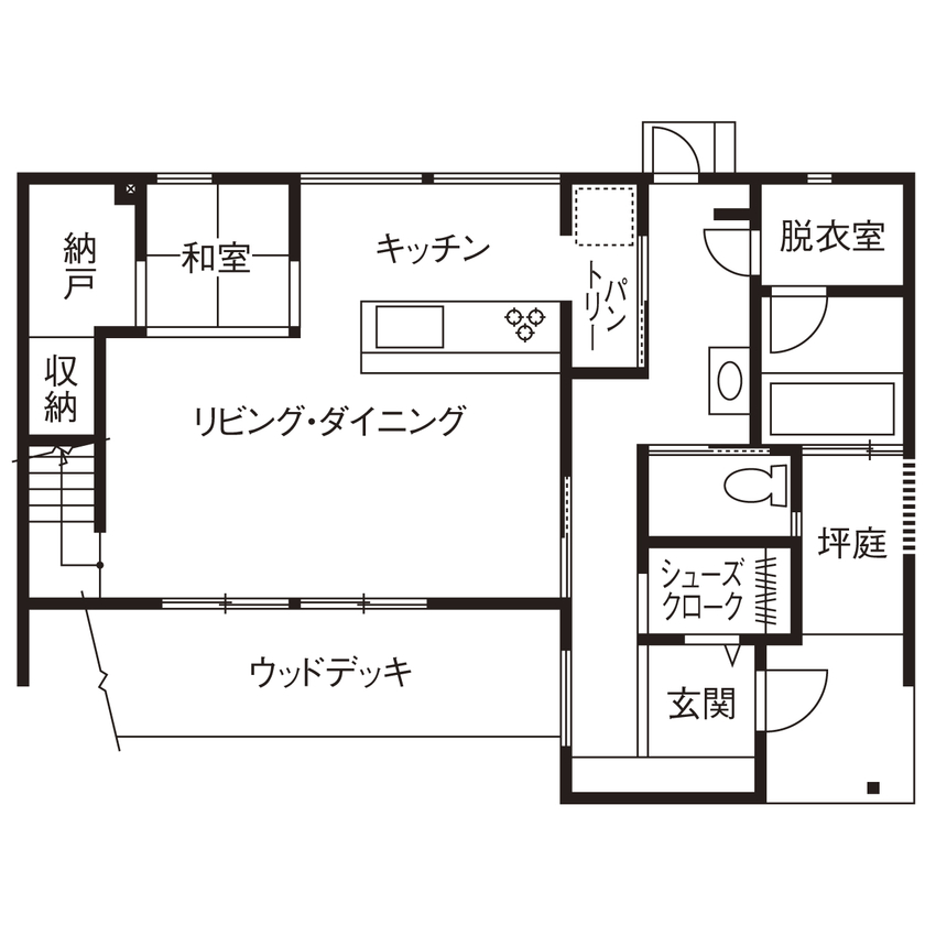 クラシスホーム 【2000万円台/4LDK/吹抜けリビング/間取り図】梁のある吹抜けと庭の繋がり。木の温もり感じる和モダンの家の間取り図（4LDK）1階