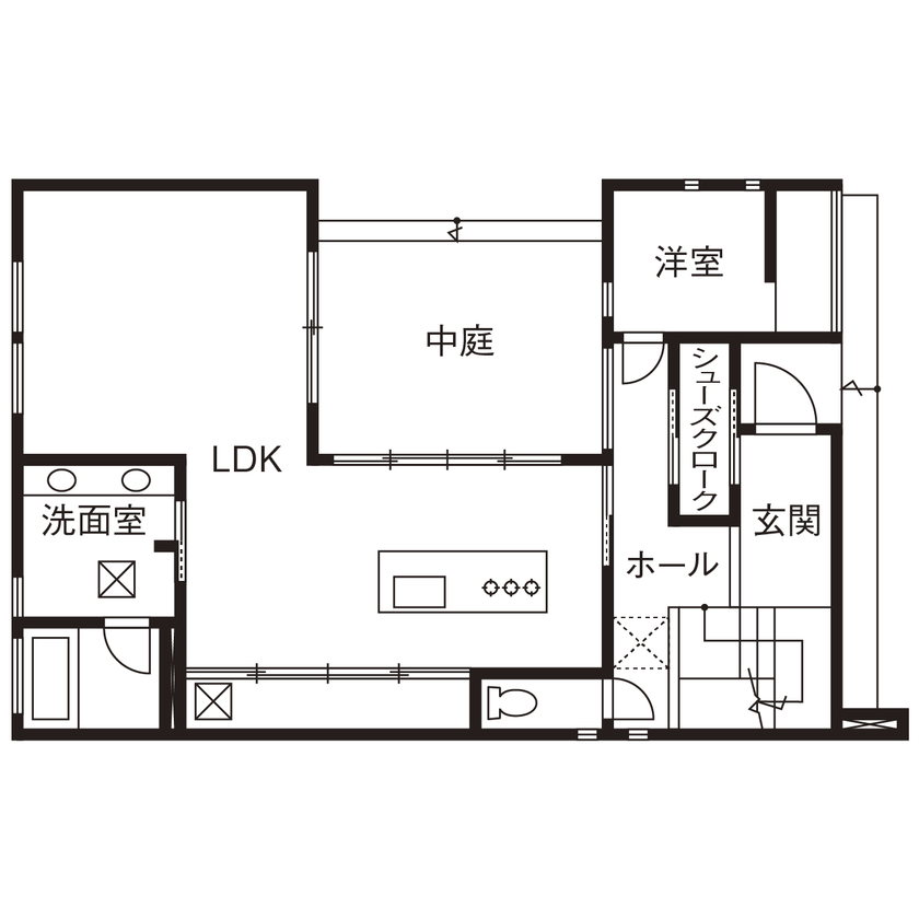 クラシスホーム 【2000万円台/4LDK/中庭/シンプルモダン/間取り図】アウトドアリビングで家族の時間を楽しめるモダンな家の間取り図（4LDK）1階