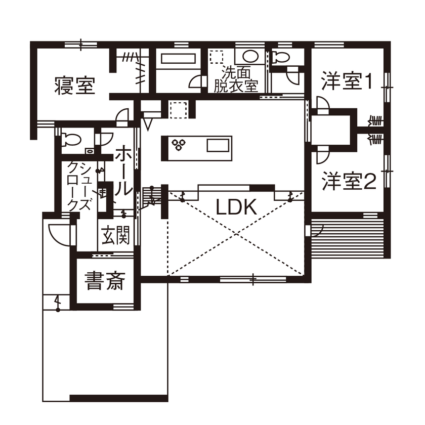 クラシスホーム 【2000万円台/4LDK/平屋/薪ストーブ/リゾート/間取図】勾配天井と大開口で広がりを。非日常を日常にした家の間取り図（4LDK）1階