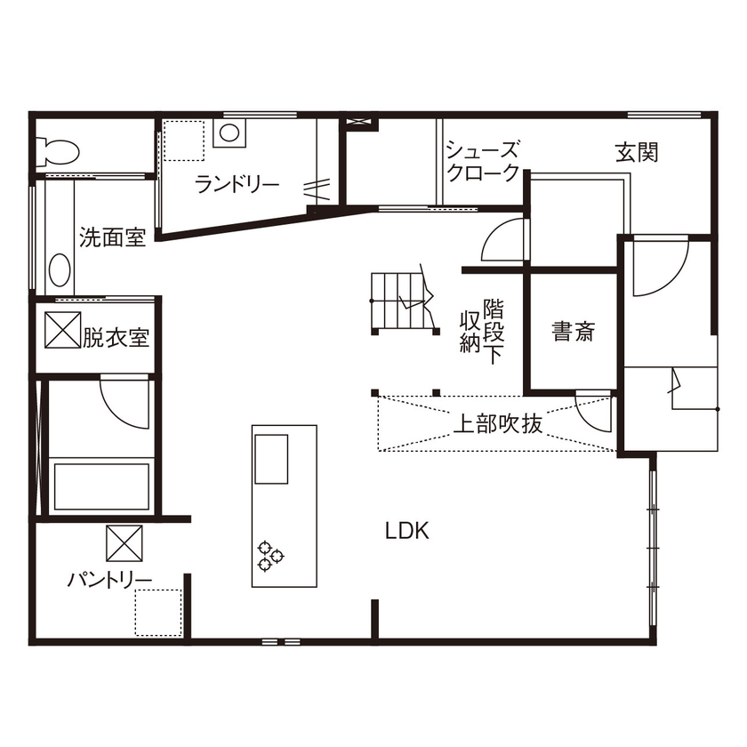 クラシスホーム 【2000万円台/3LDK/44坪/スキップフロア/間取図】吹抜けとヌックが繋ぐ居場所。家族も友人も心地よい家の間取り図（3LDK）1階