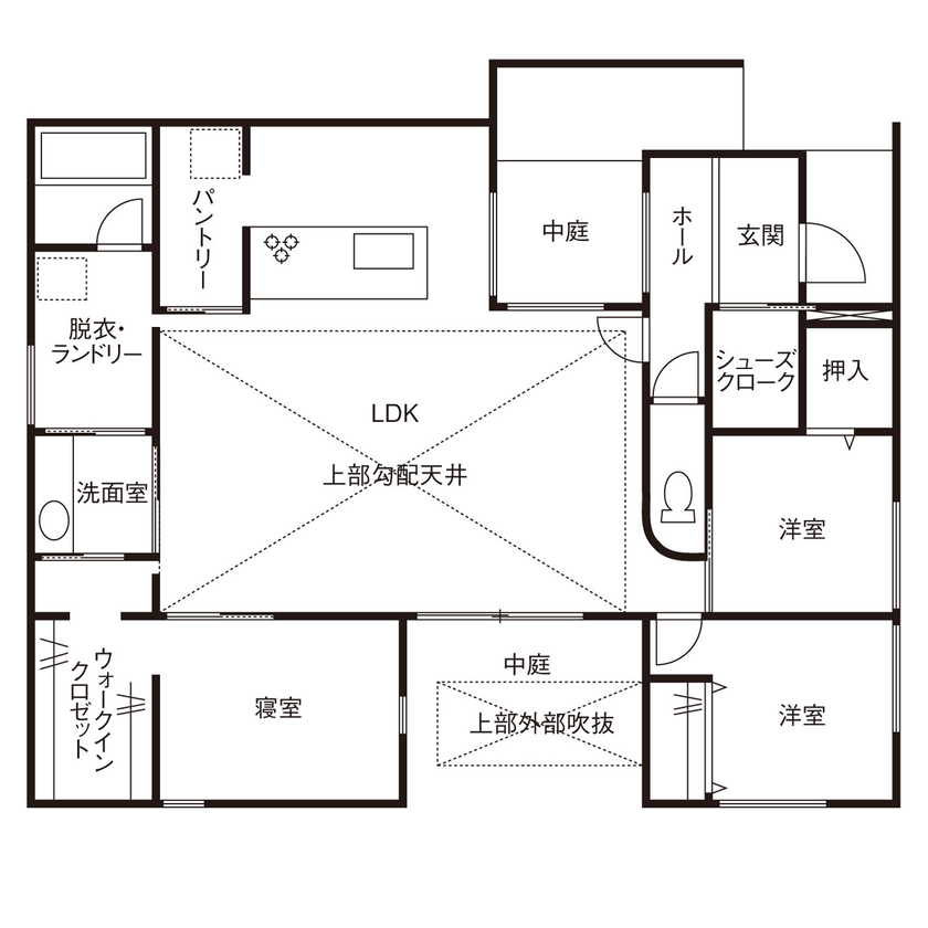 クラシスホーム 【2000万円台/3LDK/平屋/中庭/ジャパンディ/間取図】20畳超のLDKと勾配天井。ゆとりと上質感ある平屋暮らしの間取り図（3LDK）1階