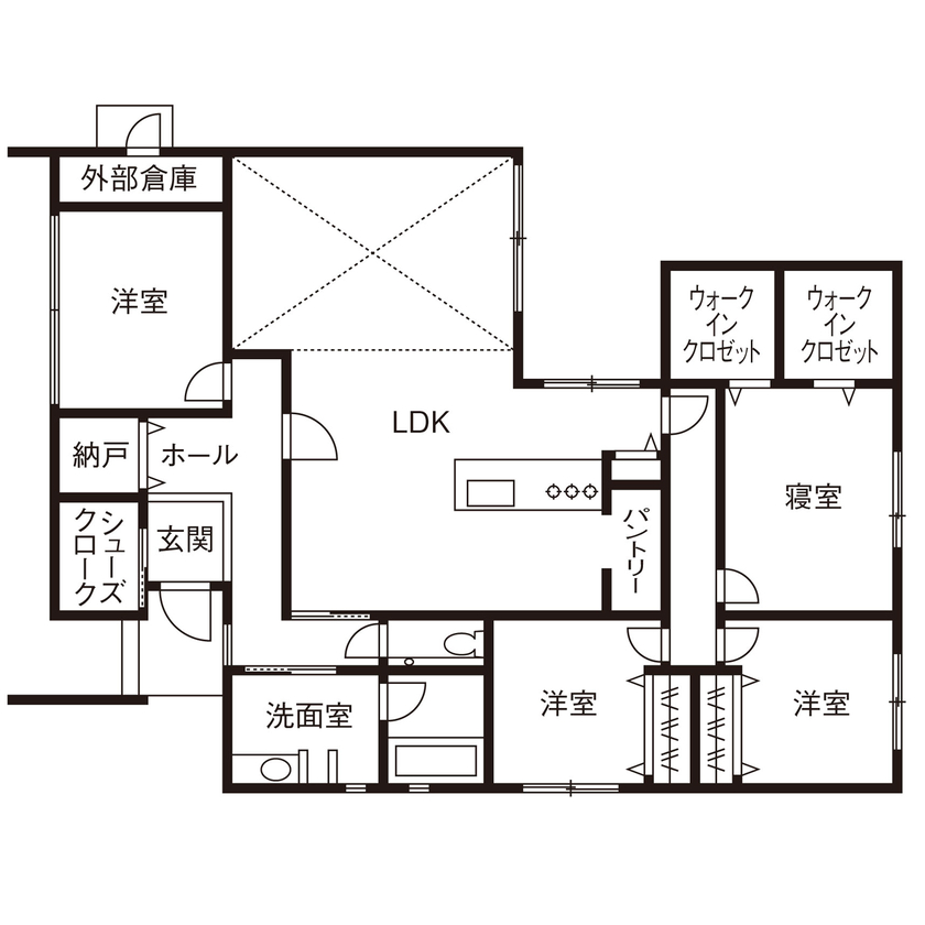 クラシスホーム 【1000万円台/4LDK/39坪/平屋/L字型/間取り図】光溢れる広々LDK。中庭テラスでBBQやプールも楽しめる家の間取り図（4LDK）1階