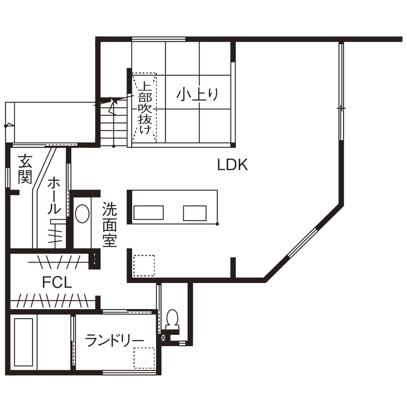 クラシスホーム 【2000万円台/4LDK/変形地/間取図】高台に広がる葡萄畑を借景に。視線を遮り開放感あるシンプルモダンの家の間取り図（4LDK）1階