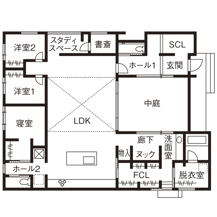 クラシスホーム 【2000万円台/3LDK/39坪/中庭/平屋/間取り図】季節を愉しみ、麗らかに暮らす。庭と空に広がるコートハウスの間取り図（3LDK）1階