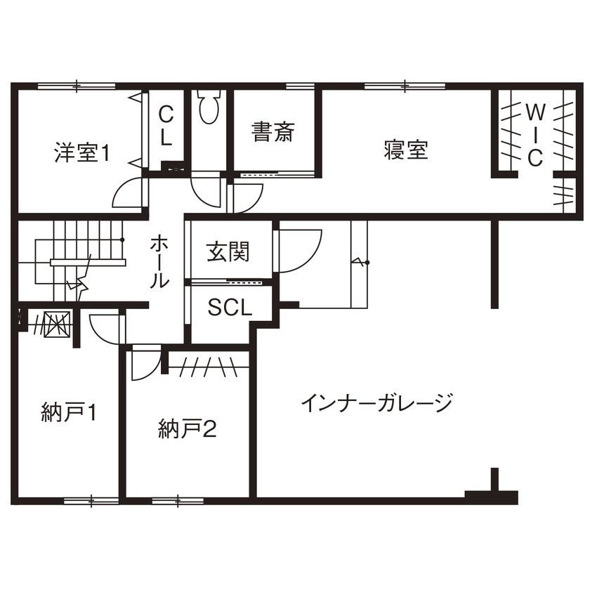 クラシスホーム 【3000万円台/シンプルモダン/45坪/間取り図】家族や友人との時間を特別に。2階リビングのガレージハウスの間取り図（2LDK+2納戸）1階