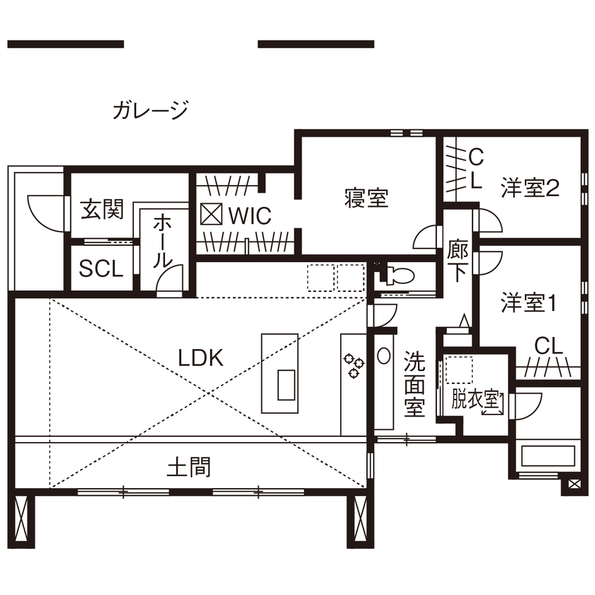 クラシスホーム 【3000万円台/平屋/ガレージ/間取り図】視線の先に広がる、季節の移ろい。森と繋がるブルックリンハウスの間取り図（3LDK＋ガレージ）1階
