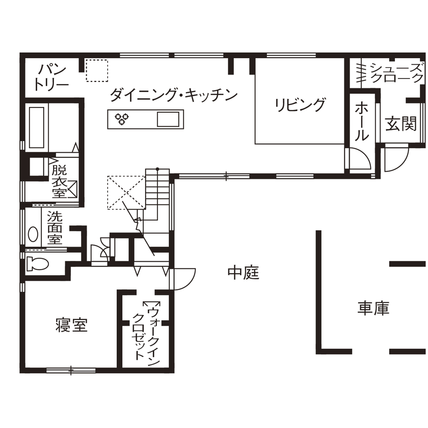 クラシスホーム 【2000万円台/3LDK/44坪/ガレージ/中庭/間取り図】造作家具が調和する、コの字型の平屋ライクな住まいの間取り図（3LDK）1階