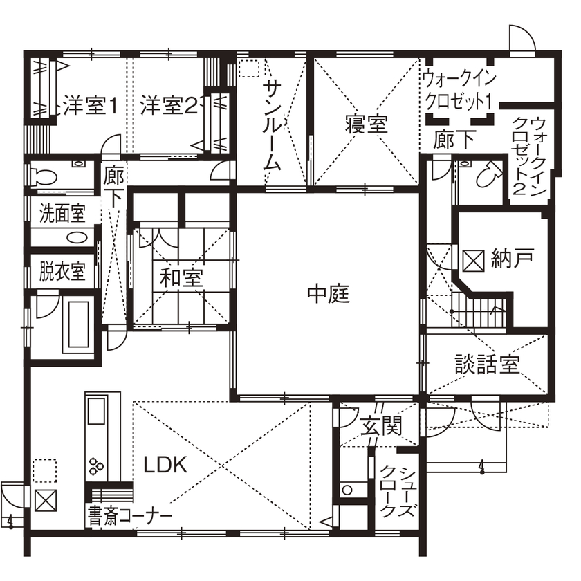 クラシスホーム 【3000万円台/3LDK/55坪/中庭/平屋/ロの字/間取図】水盤が揺れる中庭と舟底天井。個性あふれるロの字型の家の間取り図（3LDK）1階