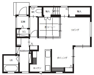 クラシスホーム 【1000万円台/4LDK/中庭/吹抜け/間取り図】外観から想像できない開放感。明るさとのびやかさに溢れた家の間取り図（4LDK）1階