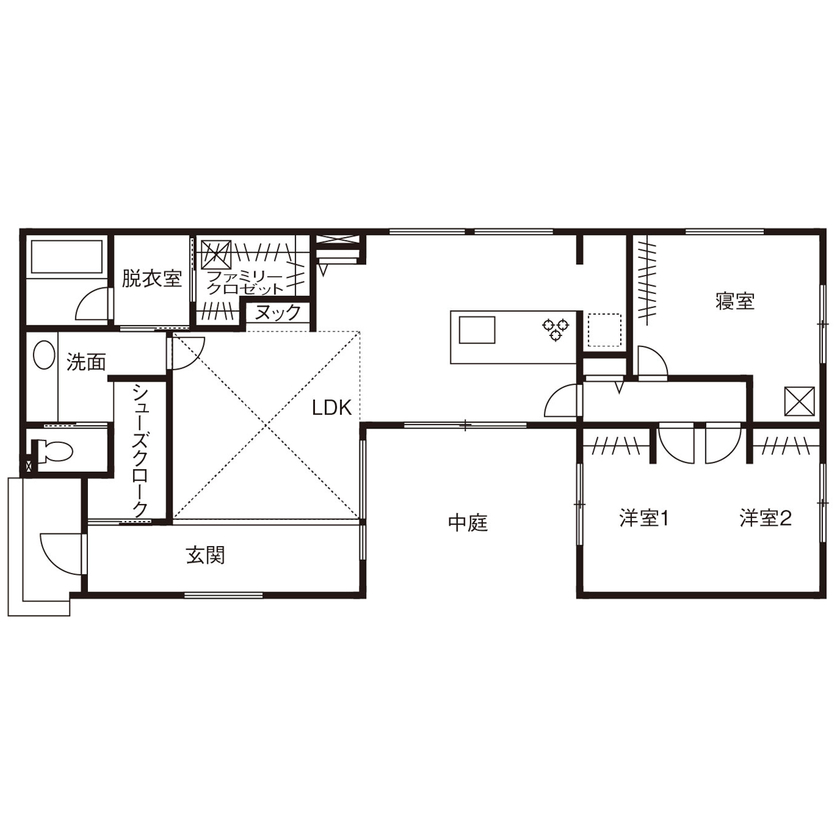 クラシスホーム 【1000万円台/3LDK/31.7坪/平屋/土間/中庭/間取り図】開放感と素材感を楽しむナチュラルモダンな家の間取り図（3LDK）1階