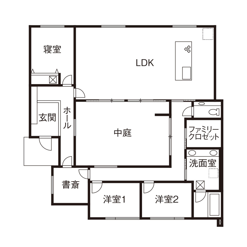 クラシスホーム 【2000万円台/3LDK/平屋/中庭/間取り図】中庭が光と開放感を届け、プライベート感溢れるロの字型の家の間取り図（3LDK）1階