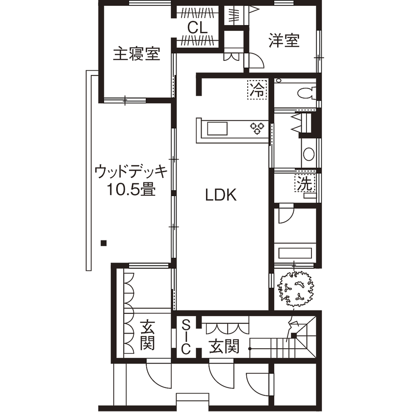 スタジオ・チッタ 【3000万円台/間取り図/完全分離二世帯住宅】杉板張とユニークなフォルムが印象的な「くぬぎ山のいえ」の間取り図（2LDK＋2LDK）1階