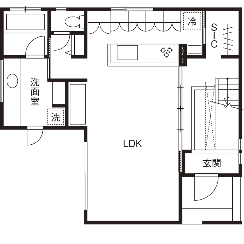 スタジオ・チッタ 【2850万円／33.9坪／間取り図】こだわりやイメージを造作で形に！木の温もり溢れるシンプルデザインの家の間取り図（2LDK）1階