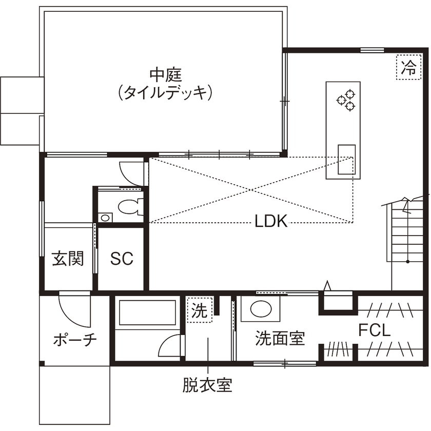 スタジオ・チッタ 【3100万円／33.5坪／間取り図】閉ざされた外観からは想像もできない、中庭に開いたグレイッシュリビングの間取り図（3LDK）1階
