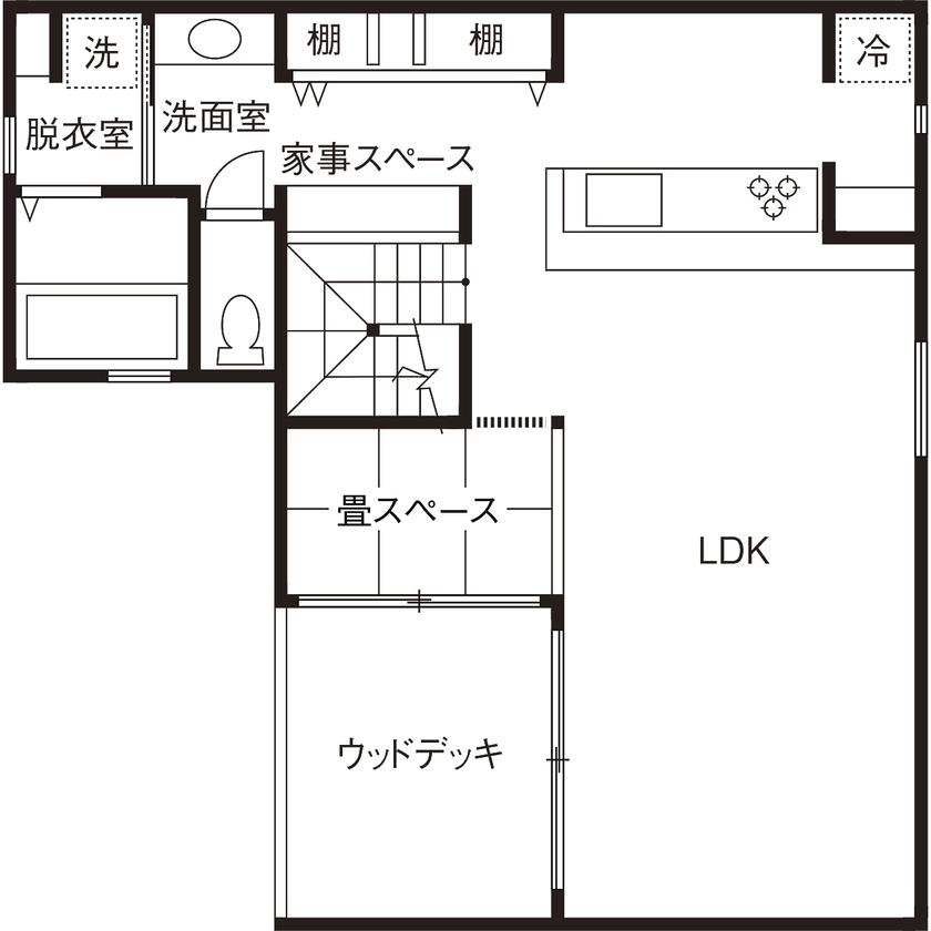 スタジオ・チッタ 【2100万円／31.6坪／間取り図／2階リビング】人目を気にせずに寛げるプライベートテラスのある家の間取り図（3LDK）2階
